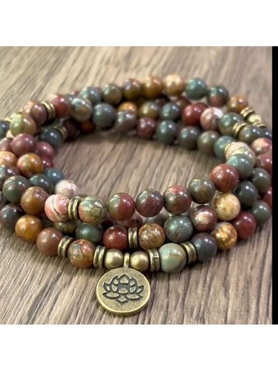 Handmade Jewelry - Picasso Jasper Beaded 'Mala' Bracelet with Lotus Charm,8mm ,37" Long
